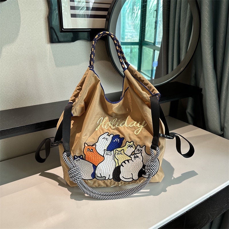 High-Quality Japanese-Style Ball Chain Eco-Friendly Shopping Bag Nylon Fabric Embroidered Floral Tote Nylon Canvas Bag - Image 2