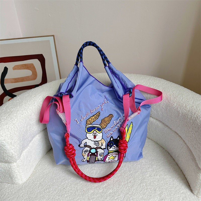 High-Quality Japanese-Style Ball Chain Eco-Friendly Shopping Bag Nylon Fabric Embroidered Floral Tote Nylon Canvas Bag - Image 5