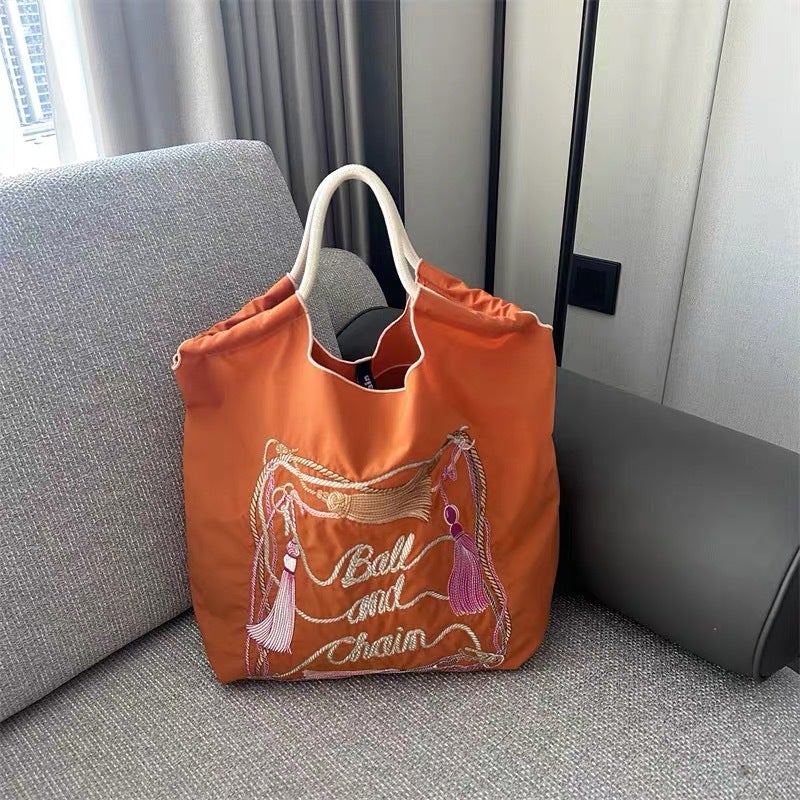 High-Quality Japanese-Style Ball Chain Eco-Friendly Shopping Bag Nylon Fabric Embroidered Floral Tote Nylon Canvas Bag - Image 4