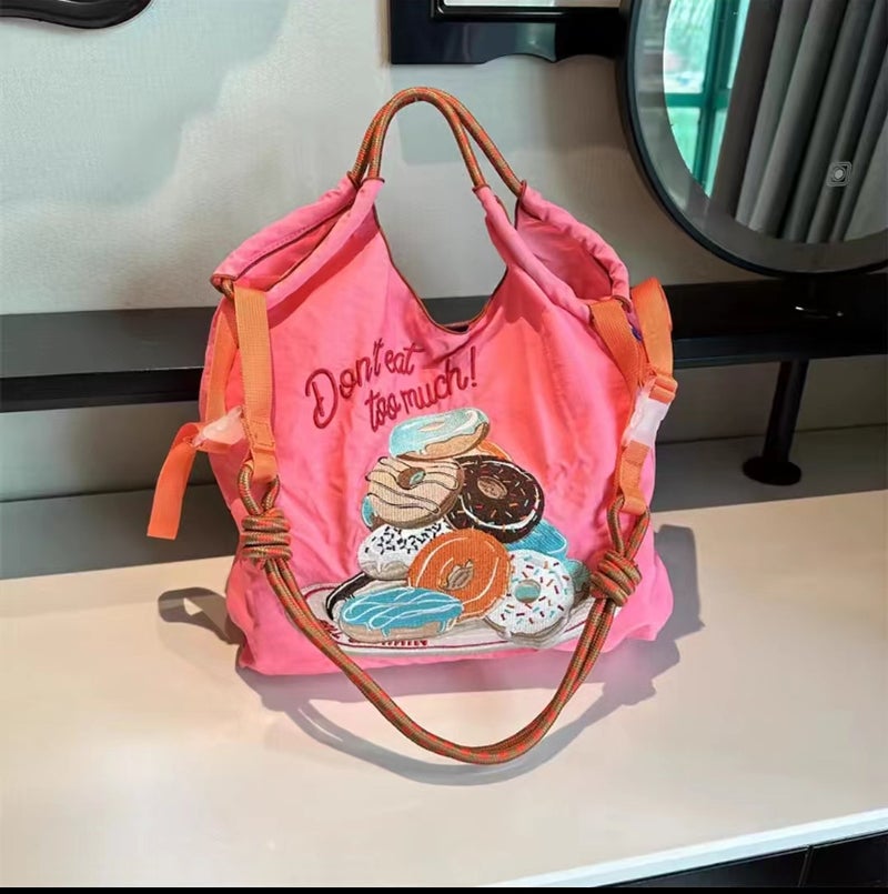 High-Quality Japanese-Style Ball Chain Eco-Friendly Shopping Bag Nylon Fabric Embroidered Floral Tote Nylon Canvas Bag - Image 3