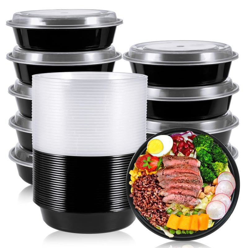 MUCHII 50 Pack Meal Prep Container 24 oz Round Plastic Disposable Bowls with Lids Food Microwave and Freezer Safe