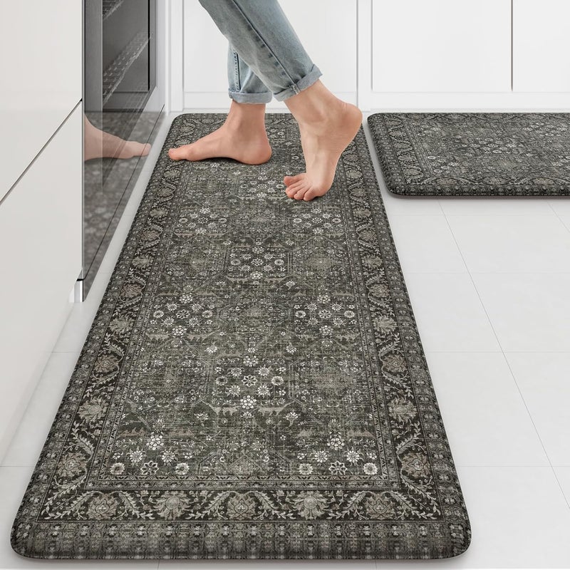 KIMODE Anti Fatigue Kitchen Mat 2PCS,Waterproof Farmhouse Green Kitchen Rugs Non-Slip,Vintage Kitchen Mats for Floor,Cushioned Comfort Standing Mat for Laundry,Office,Sink,Desk,17"x47"+17"x29" - Image 1