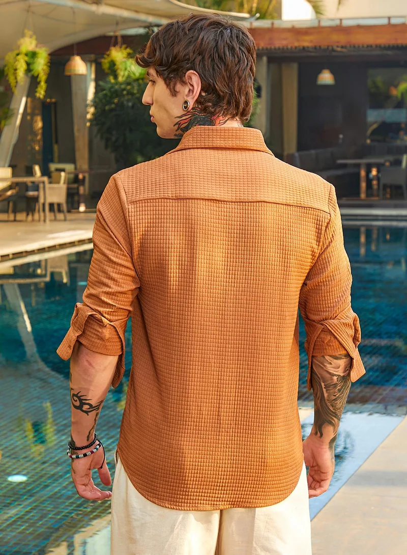 Campus Sutra Men's Burnt Sienna Grid-Textured Shirt