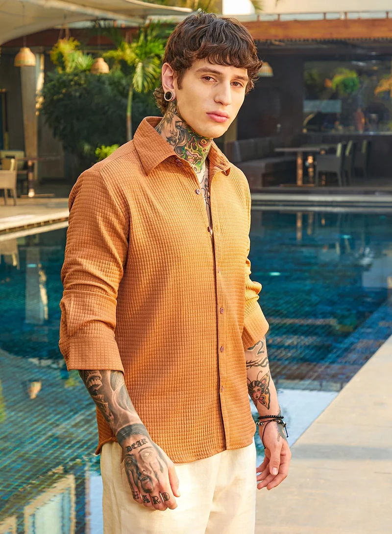 Campus Sutra Men's Burnt Sienna Grid-Textured Shirt