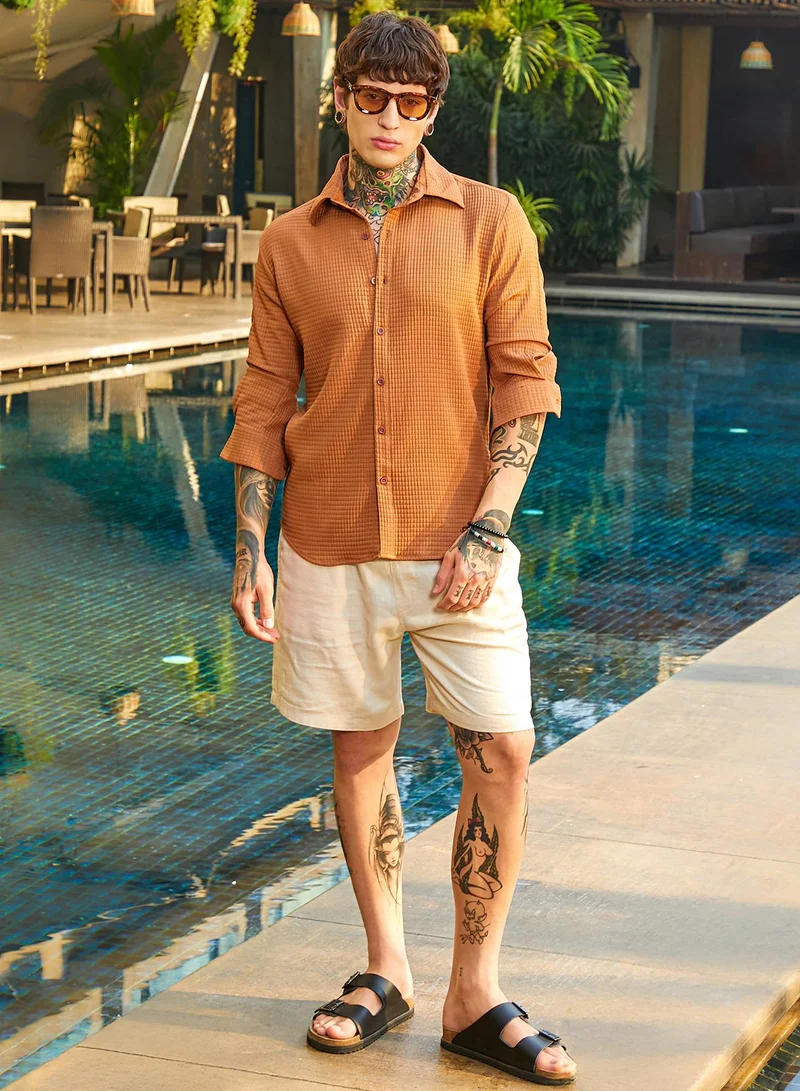 Campus Sutra Men's Burnt Sienna Grid-Textured Shirt