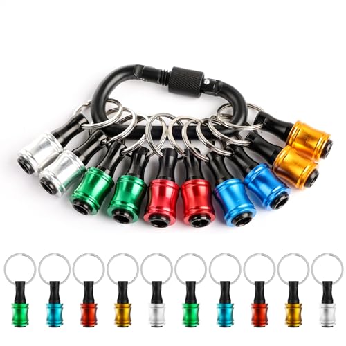 Katerk 10 pcs 1/4 inch Hex Shank Aluminum Alloy Screwdriver Bits Holder, Light-weight Quick-change Extension Bar Keychain Drill Screw Adapter Change Portable (With Black Carabiner) - Image 1