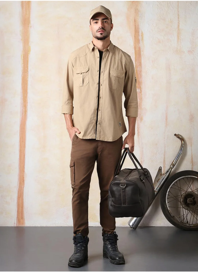 HIGH STAR Men Regular Fit Utility Heavy Washed Spread Collar Solid Cotton Casual Shirt