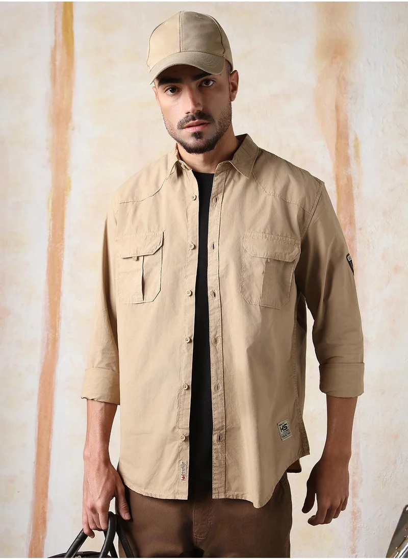 HIGH STAR Men Regular Fit Utility Heavy Washed Spread Collar Solid Cotton Casual Shirt