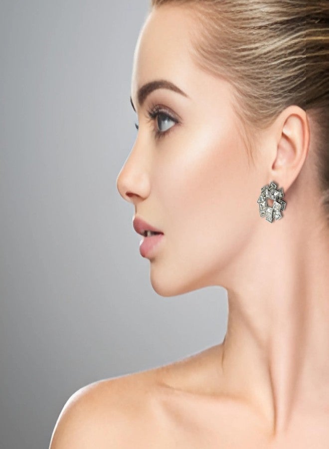 SHIELD PLUS Elegant Square Stud Earrings for Women & Girls | Stylish Silver-Plated Statement Earrings | Designer Fashion Jewellery Gift - Image 2