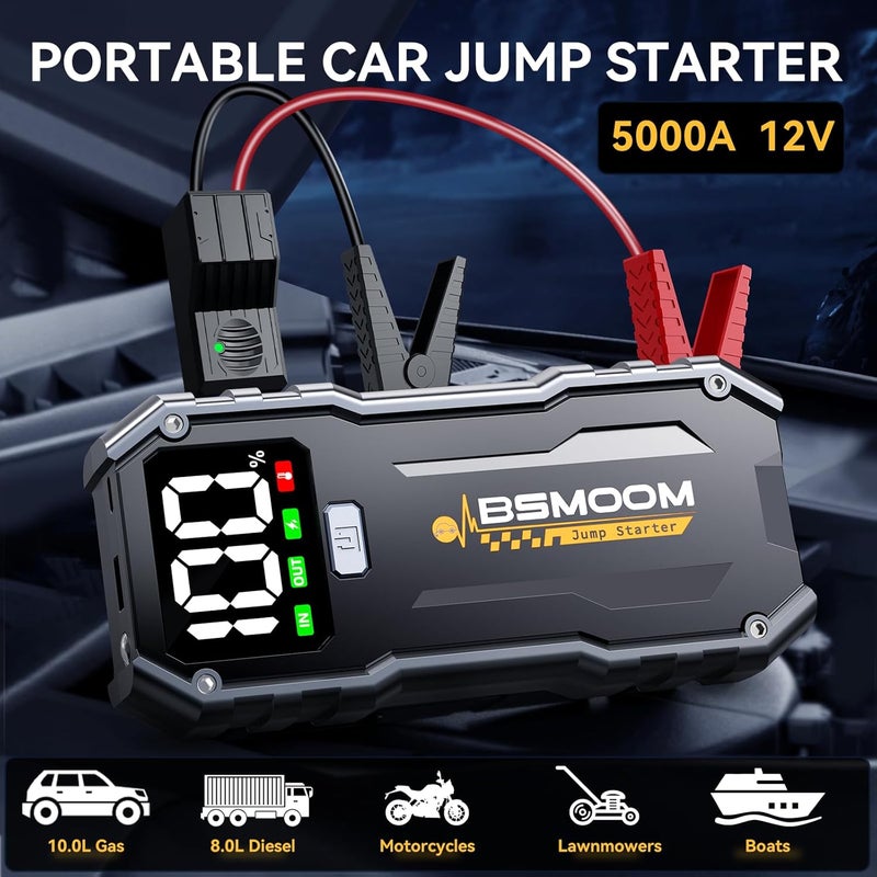 BSMOOM Car Jump Starter,5000A Portable Car Jump Starter Battery Pack (10.0L Gas/8L Diesel) 12V Car Battery Charger Jumper Starter, Jumper Cables,Portable Lithium Jump Box with LED Light/USB QC3.0 - Image 2