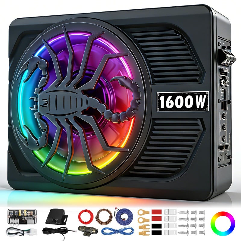 TZGBASS 1600W سوب ووفر نحيف تحت المقعد وحزمة مضخم الصوت، سوب ووفر مزود بمضخم مدمج، صوت عميق تحت الصوت، ضوء نبض RGB، تحكم في التردد المنخفض/الكسب/تعزيز الصوت، للشاحنات، SUV، جيب، صوت السيارة - Image 1