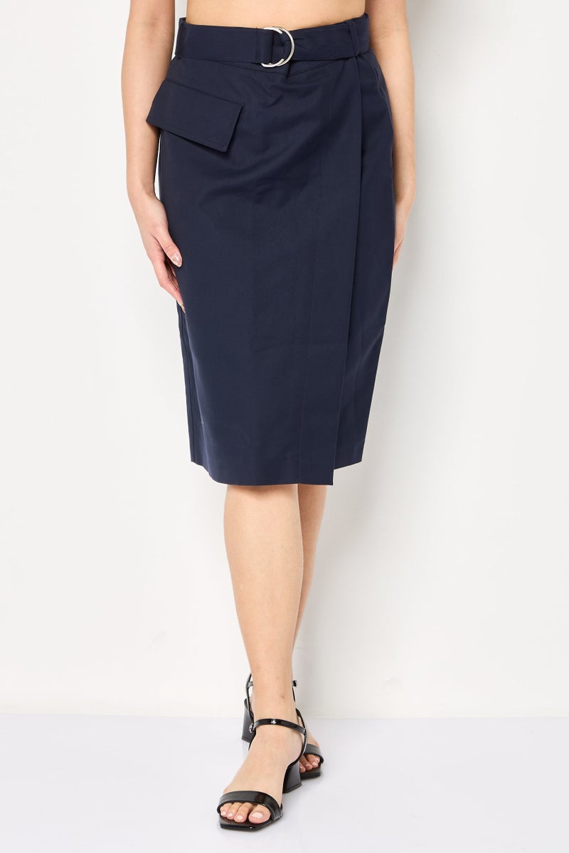 LACOSTE Women Solid Belted Midi Skirts, Navy - Image 1