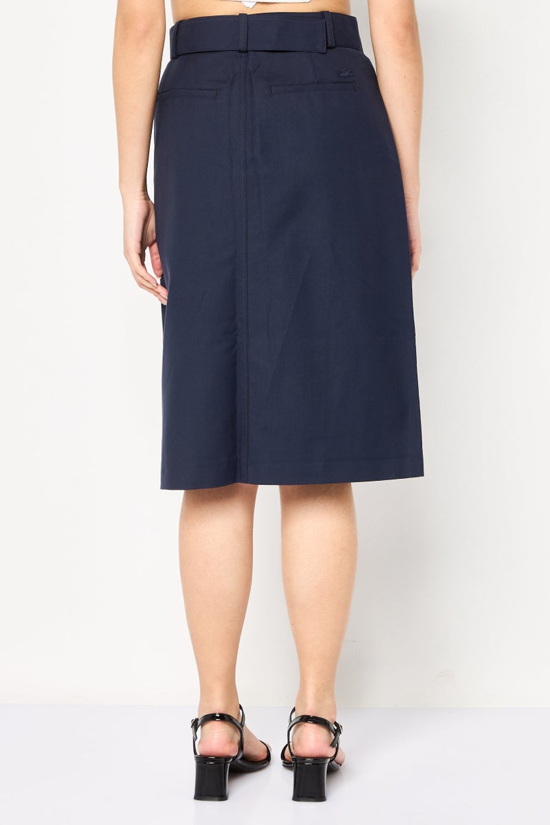 LACOSTE Women Solid Belted Midi Skirts, Navy - Image 4