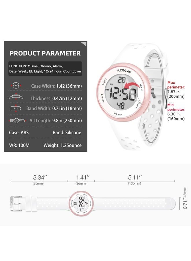 F.ZEGAO Digital Watch for Womens, 100M Waterproof Watches for Swimming, Outdoor Sports Watches Silicone Strap Multifunction Alarm Countdown Stopwatch Dual-Time Luminous Display - Image 3