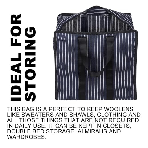 SHIBUI Multipurpose Extra Large Big Heavy Duty Storage Organizer Reusable Canvas Shopper Bag With Strong Handles And Base With Covers Zip (Pack Of 3, Navy), Blue - Image 3
