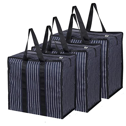 SHIBUI Multipurpose Extra Large Big Heavy Duty Storage Organizer Reusable Canvas Shopper Bag With Strong Handles And Base With Covers Zip (Pack Of 3, Navy), Blue - Image 1