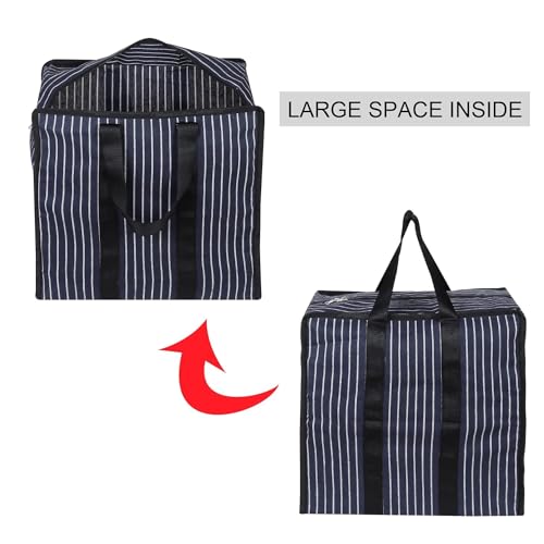 SHIBUI Multipurpose Extra Large Big Heavy Duty Storage Organizer Reusable Canvas Shopper Bag With Strong Handles And Base With Covers Zip (Pack Of 3, Navy), Blue - Image 5