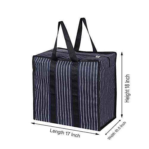 SHIBUI Multipurpose Extra Large Big Heavy Duty Storage Organizer Reusable Canvas Shopper Bag With Strong Handles And Base With Covers Zip (Pack Of 3, Navy), Blue - Image 2
