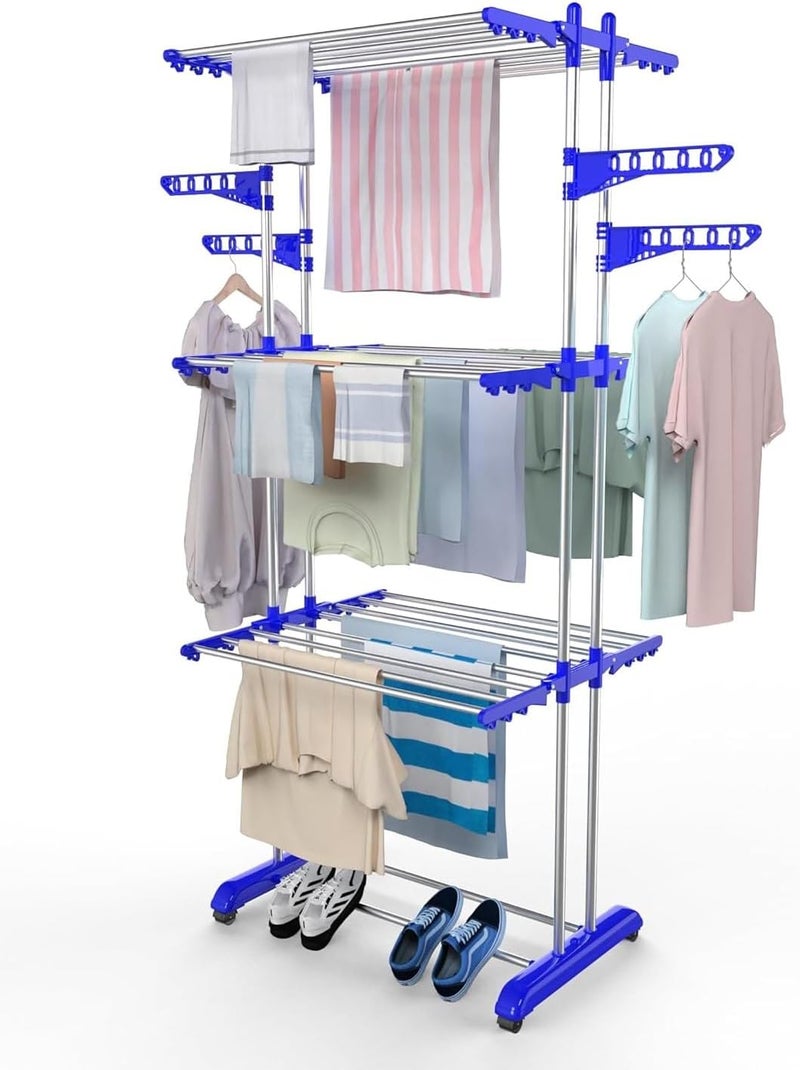 H Houseware حامل تجفيف الملابس من ، 3 طبقات، فولاذ مقاوم للصدأ ثقيل الوزن، قابل للطي، مع عجلات، أبعاد 43.2 × 78.7 × 165.1 سم - Image 1