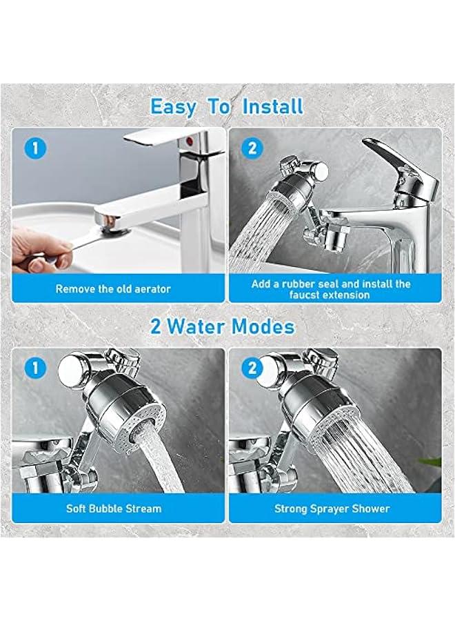 1080° Rotating Faucet Extender Aerator, Universal Splash Filter Faucet with 2 Water Outlet Modes, Big Angle Rotating Splash Filter Faucet Aerator for Kitchen Bath Faucet Parts Replacement  - Image 3
