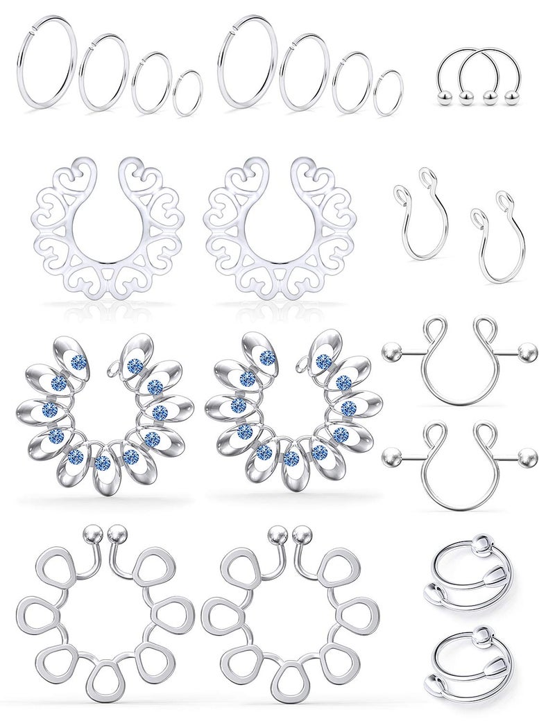 SCERRING Fake Ring Stainless Steel Non-Piercing Rings Clip On Faux Body Piercing Jewelry for Women Men 11 Pairs Silver - Image 1