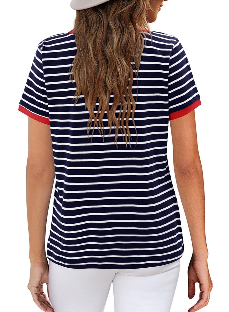 ONLYSHE Womens Short Sleeve T Shirts Summer Casual V Neck Shirts Striped Tops 2026 Basic Workout Clothes Blue White M - Image 5