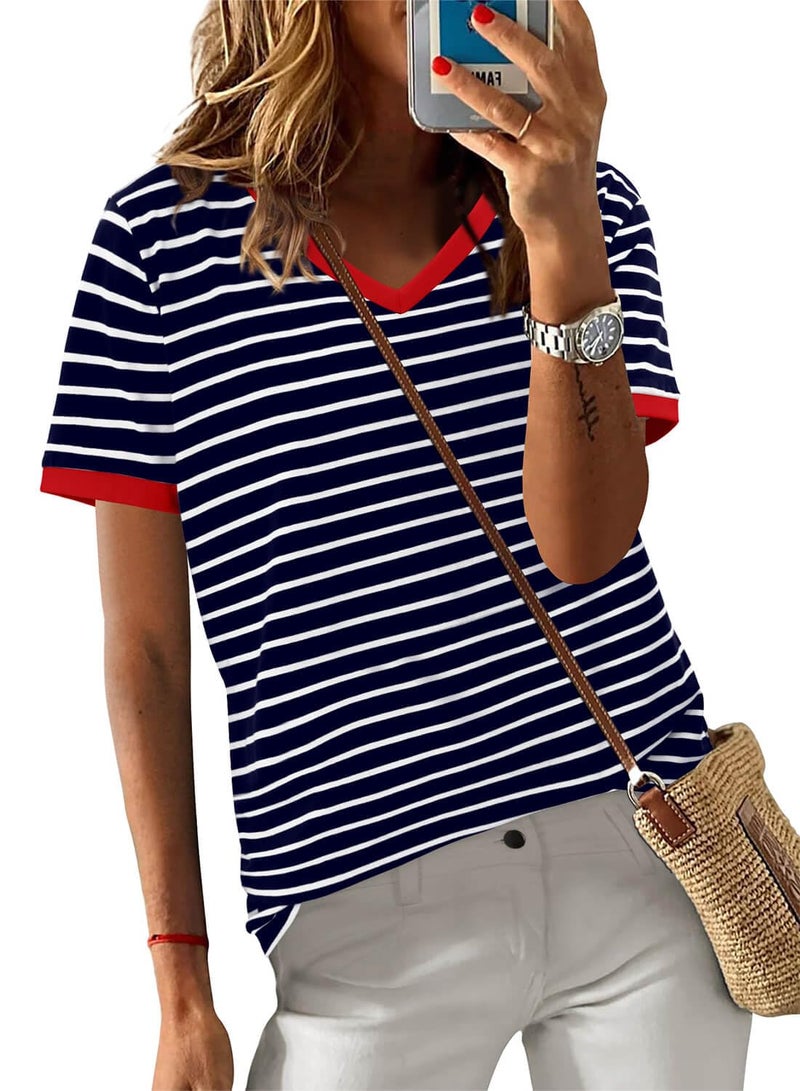 ONLYSHE Womens Short Sleeve T Shirts Summer Casual V Neck Shirts Striped Tops 2026 Basic Workout Clothes Blue White M - Image 1
