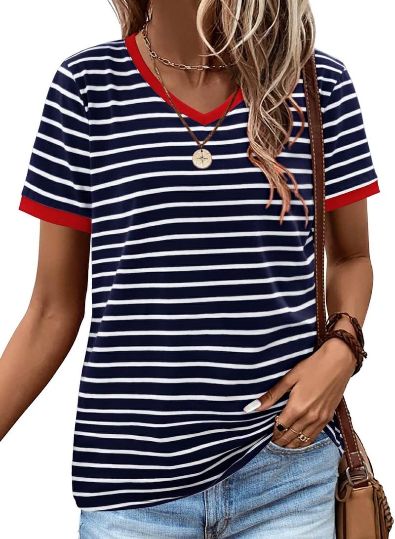 ONLYSHE Womens Short Sleeve T Shirts Summer Casual V Neck Shirts Striped Tops 2026 Basic Workout Clothes Blue White M - Image 4
