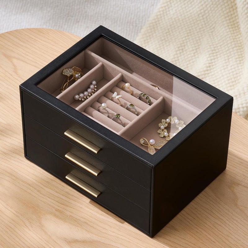 pickpiff Jewelry Box Organizer Case for Women: 3-Layer Jewelry Storage Case with Glass Window, Black Leather with Blush Velvet, Holder for Ring Necklace Bracelet Brooch Watch, Great Gift for Her - Image 4