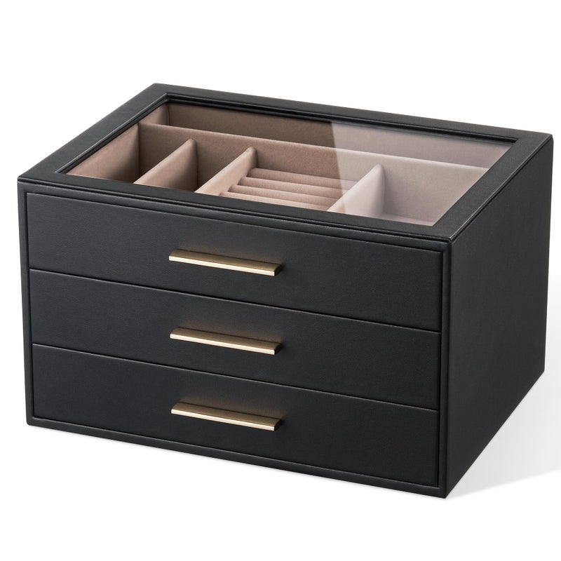 pickpiff Jewelry Box Organizer Case for Women: 3-Layer Jewelry Storage Case with Glass Window, Black Leather with Blush Velvet, Holder for Ring Necklace Bracelet Brooch Watch, Great Gift for Her - Image 1