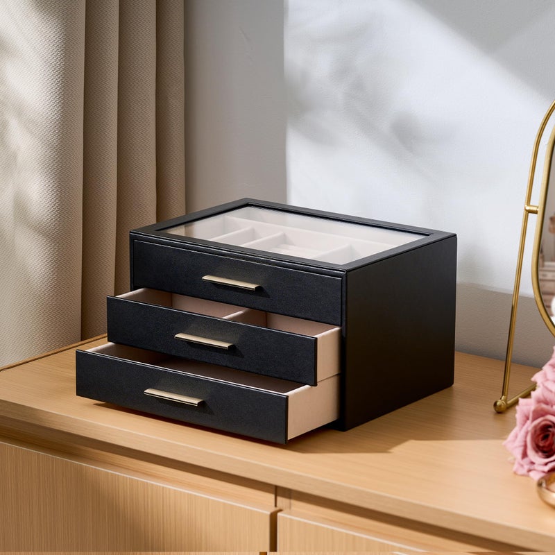 pickpiff Jewelry Box Organizer Case for Women: 3-Layer Jewelry Storage Case with Glass Window, Black Leather with Blush Velvet, Holder for Ring Necklace Bracelet Brooch Watch, Great Gift for Her - Image 3