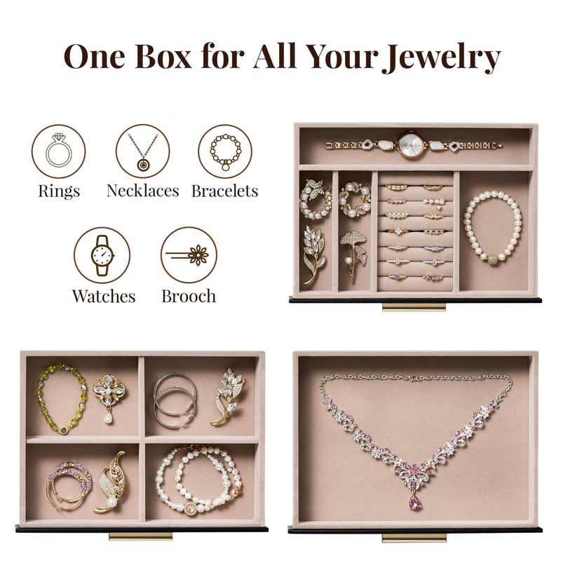 pickpiff Jewelry Box Organizer Case for Women: 3-Layer Jewelry Storage Case with Glass Window, Black Leather with Blush Velvet, Holder for Ring Necklace Bracelet Brooch Watch, Great Gift for Her - Image 2