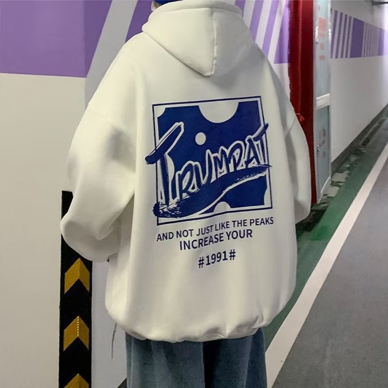 Thickened Fleece Mens Hoodie New Hip-Hop Streetwear Autumn Winter Loose Trendy Jacket White 