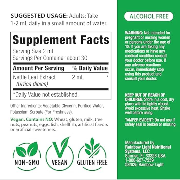 Rainbow Light Nettle Leaf Liquid Extract | 2 Fl Oz | Super Concentrated | Alcohol Free | Non-GMO and Gluten Free Herbal Supplement - Image 2