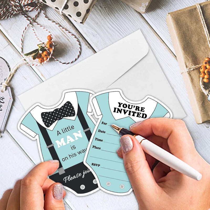 REWIDPARTY Little Man Themed Baby Shower Invitations with Envelopes  StickersSet of 15 Bow Tie  Suspenders Shaped Fillin Invitations Boys Baby Shower or Birthday Invites Cards Party Supplies - Image 2