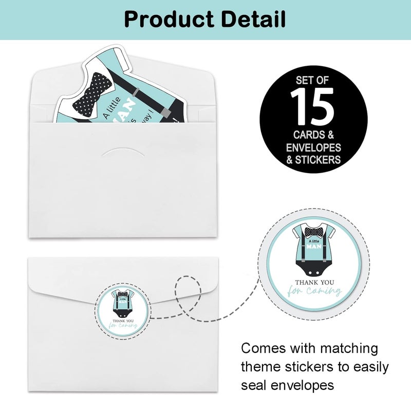 REWIDPARTY Little Man Themed Baby Shower Invitations with Envelopes  StickersSet of 15 Bow Tie  Suspenders Shaped Fillin Invitations Boys Baby Shower or Birthday Invites Cards Party Supplies - Image 5