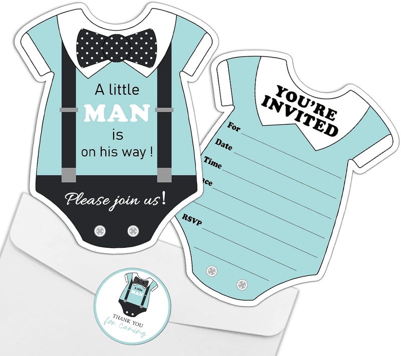 REWIDPARTY Little Man Themed Baby Shower Invitations with Envelopes  StickersSet of 15 Bow Tie  Suspenders Shaped Fillin Invitations Boys Baby Shower or Birthday Invites Cards Party Supplies - Image 1