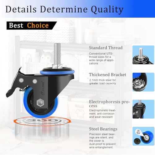 JULANG 2 in Caster Wheels 3/8 Threaded Stem, Stem Mount (UNC 3/8" -16 x 1), Locking Casters Set of 4, Load Capacity 580 lbs, Swivel Casters for Wire Shelving, Tool Carts, Workbenches.（Blue） - Image 4