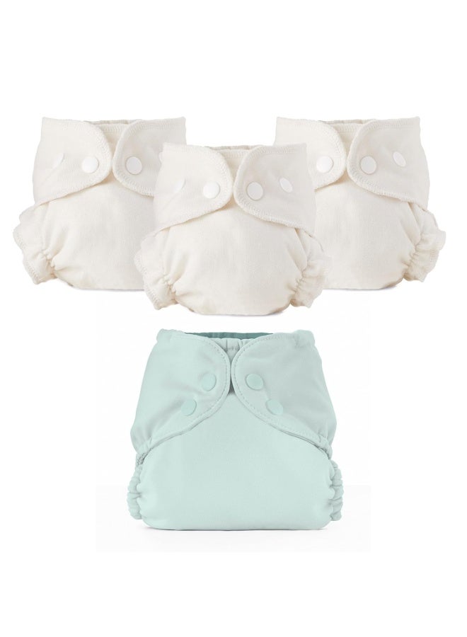 Esembly Cloth Diaper Bundle Set - 3 Organic Cotton Absorbent Inners and 1 Waterproof Outer Diaper Cover - Reusable, Washable, Snap Closure Cloth Diapers - Size 2 (18-35lbs), Mist - Image 1