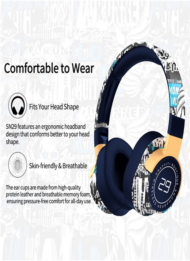 SOYTO Bluetooth Headphones Over The Ear, Graffiti Wired/Wireless Headphones with Microphone-Soft Ear Cushions, Foldable Hi-Fi Stereo Sound Bluetooth Headsets for Pad Laptop PC Cellphone (Black)  - Image 2