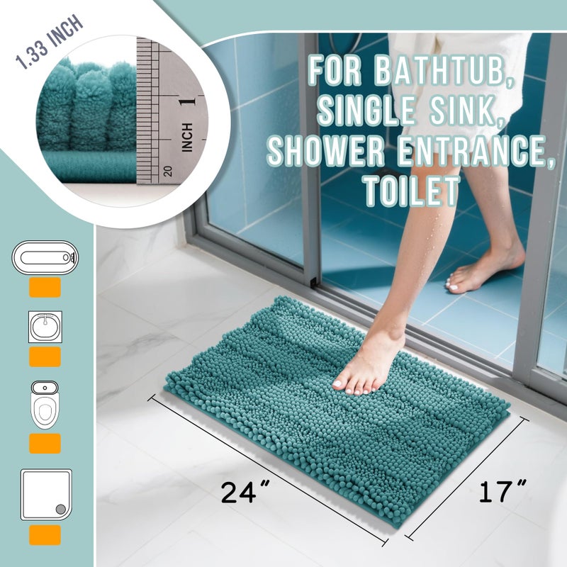 Yimobra Bathroom Rug Mat, Non Slip and Super Absorbent Bath Mat, Machine Washable Quick Dry, Ultra Plush Chenille Shower Rugs for Bathroom Floor Sink Tub and Shower Outside, Teal Blue, 24 x 17 - Image 2