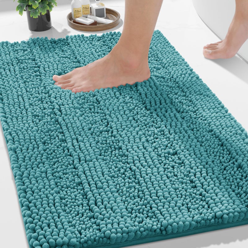 Yimobra Bathroom Rug Mat, Non Slip and Super Absorbent Bath Mat, Machine Washable Quick Dry, Ultra Plush Chenille Shower Rugs for Bathroom Floor Sink Tub and Shower Outside, Teal Blue, 24 x 17 - Image 1