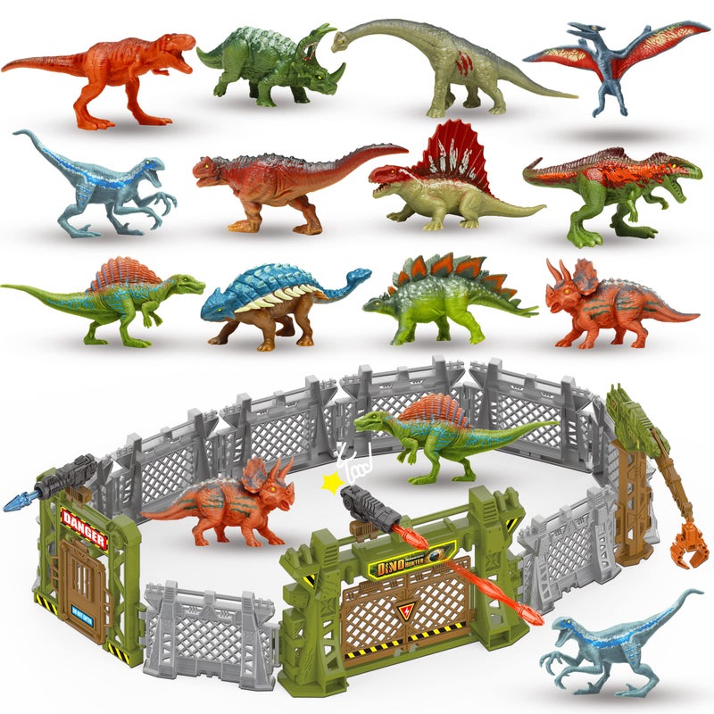 Oriate 12PCS Mini Dinosaurs Figurines Toys with Dinosaur Trainning Fence Play Toys Set for Kids 35 57 Capture n Escape Jurassic Dino World Playset including 12 Jurassic Dinosaur Fences Gates 2 Blasters - Image 2