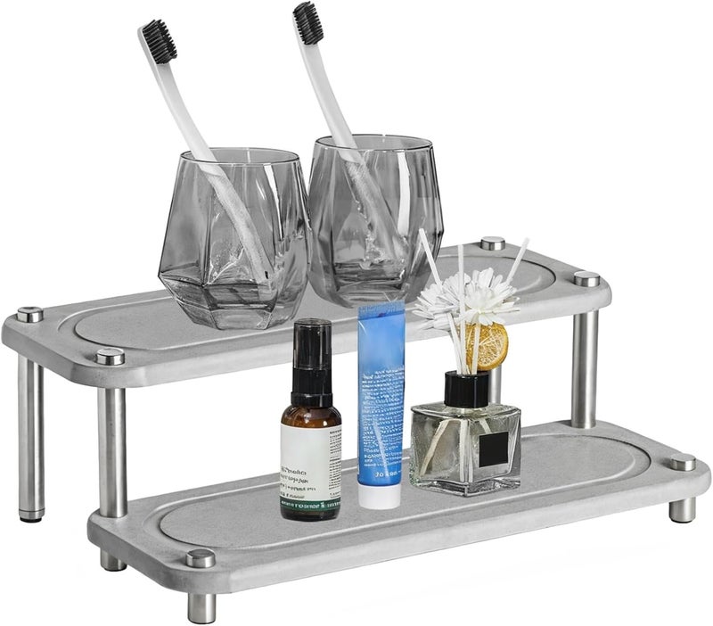 2-Tier Diatomite Sink Tray, Quick-Drying Water Absorbent Cup Holder, Bathroom Organizer with Metal Support - Image 1