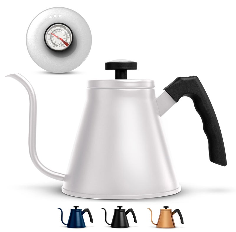 Kook Gooseneck Kettle Kettle Stovetop with Thermometer Tea Pot for Pour Over Coffee  Tea Temperature Gauge Electric Compatible for Gas Stovetop 3 Ply Stainless Steel Base 27 oz White