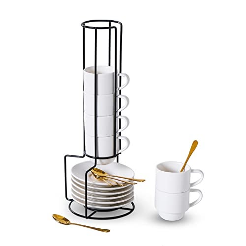 Lareina Porcelain Stackable Espresso Cups with Saucers Spoons and Metal Stand 3 Ounce Small Coffee Cups Set of 6  Ceramic Demitasse Mugs White