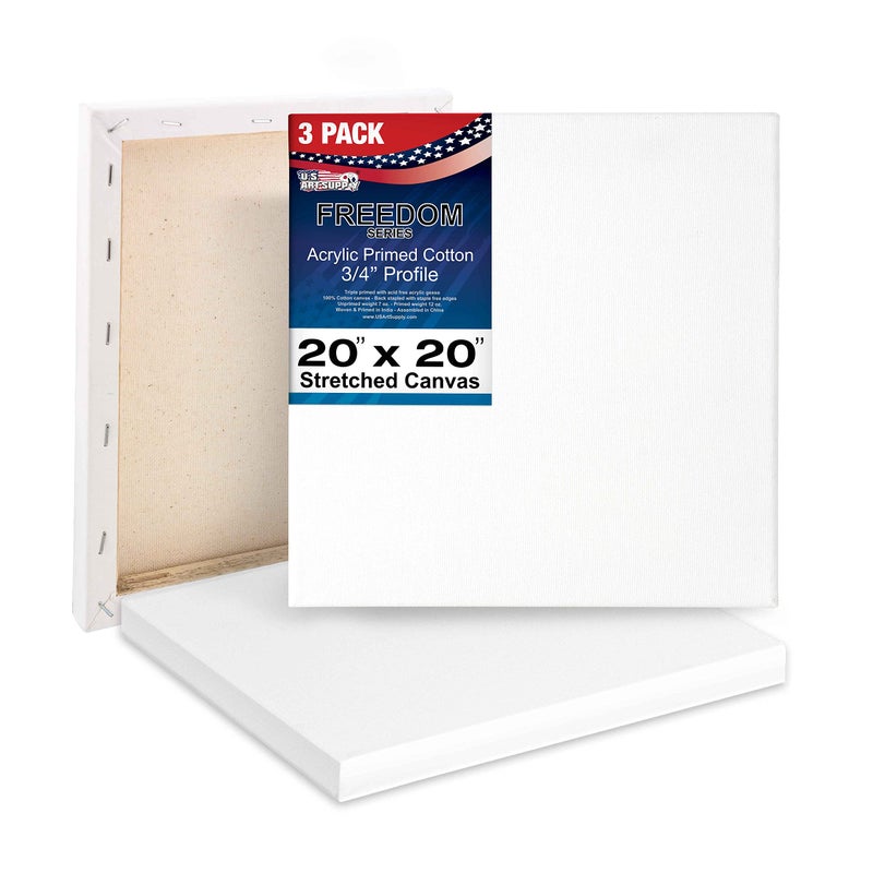 US Art Supply 20 x 20 inch Stretched Canvas 12Ounce Triple Primed 3Pack  Professional Artist Quality White Blank 34 Profile 100 Cotton HeavyWeight Gesso  Acrylic Pouring Oil Painting