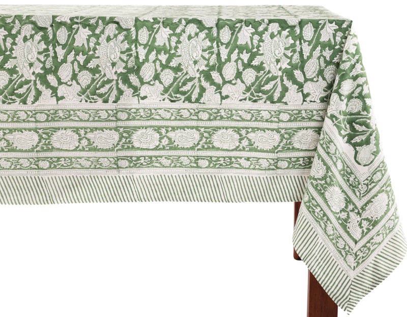 Atosii Meraki Green 100% Cotton Rectangle Tablecloth  Hand Block Print Washable Table Cover  Dining  Christmas Parties  Outdoors  Weddings  Thanksgiving  Halloween  Fall Decor 60 X 90 Inches  6 Seater - Image 1