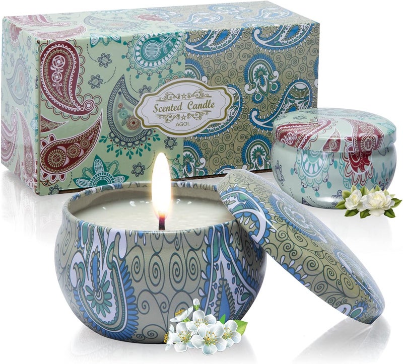 AGOL Candles Gifts for Women, 2 Pack 2.5 oz Fresh Gardenia and Jasmine Scented Candles Set for Relaxing Aromatherapy, Up to 24 Hours Burning Time, Natural Soy Candles Gifts for Christmas - Image 1