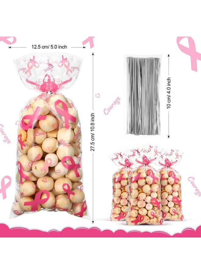 Outus 100 Pieces Breast Cancer Awareness Cellophane Treat Bags Pink Ribbon Gifts Accessories Bulk Pink out Hope Courage Love Goodie Bags with 100 Silver Twist Ties for Business Event Charity Party Supplies - Image 2